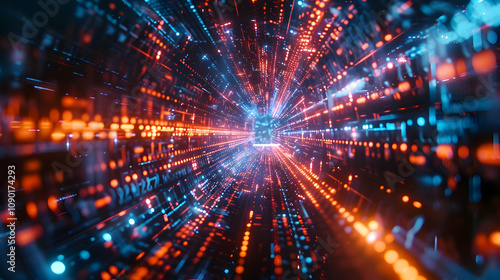 Abstract 3D Digital Tunnel of Light and Data Streams, Vivid Orange and Blue Colors, Futuristic Background Illustration