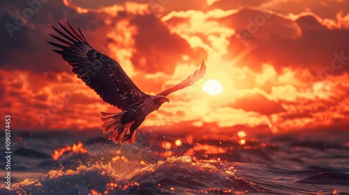 Eagle soaring over ocean waves at sunset, capturing nature's beauty.