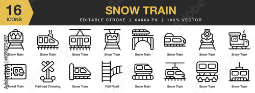 Snow Train icon set. Editable Stroke Icon Collection. Includes rail road, rail road crossing, snow train, ticket, and More. Outline icons vector collection.