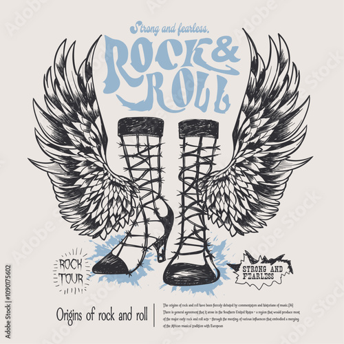 Hand Drawn wing with shoes, Rock and roll world tour poster. Rose flower artwork. Rock star, wing print design for t shirt print, poster, sticker, background and other uses.