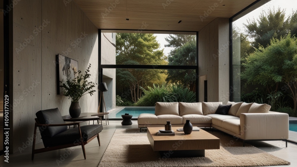 Fototapeta premium Modern living room with L-shaped sofa, large windows overlooking pool and garden.