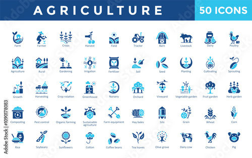 Agriculture icons set with farm, farmer, crops, harvest, field, tractor, barn, livestock, dairy, poultry icon. Simple flat vector 
