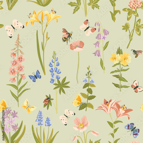 vector drawing seamless pattern with garden flowers and butterflies, floral background, hand drawn botanical illustration