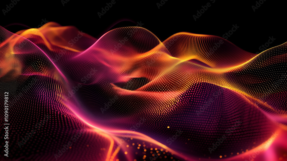 Obraz premium デジタルとテクノロジーをピンクとオレンジの粒子で波形として表現した背景画像