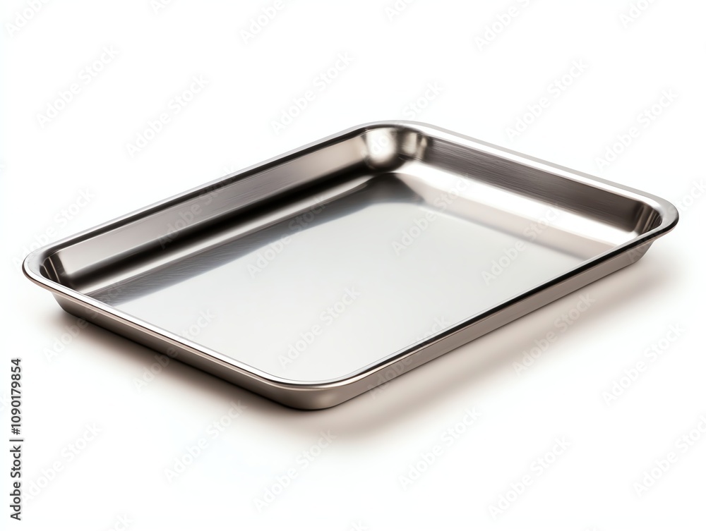 Metal baking tray with a shiny surface, white isolated background. Metal baking tray with a shiny surface, white isolated background.
