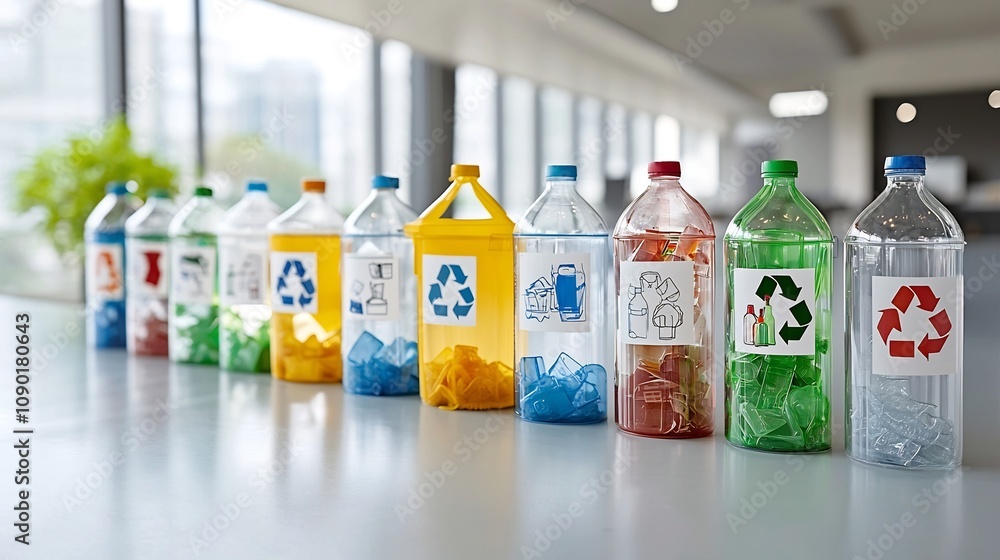 Recycling bins with clear labels for plastic glass and paper waste ...