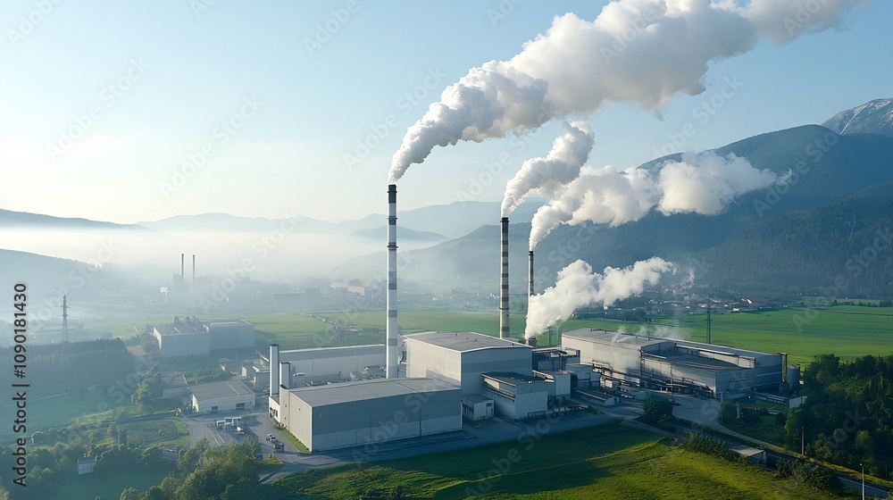 Obraz premium Aerial view of smoke and pollution billowing from factories and industrial facilities creating a hazy smog filled sky and representing the urgent issue of climate change and environmental degradation
