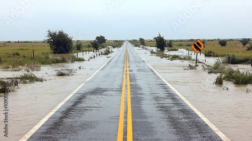 Submerged urban road scene showcasing the devastating impact of heavy rainfall and flooding on local infrastructure