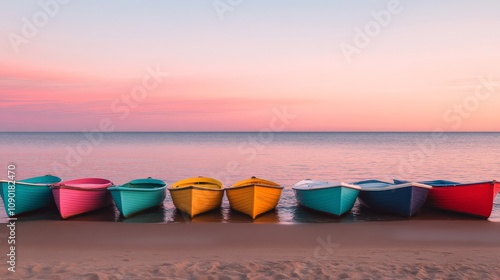 Colorful Boats at Sunset: A row of vibrant kayaks on a sandy beach, bathed in the golden glow of a breathtaking sunset. This image evokes a sense of tranquility and adventure, ideal for travel. photo