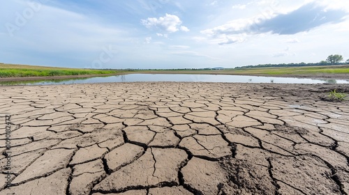 Cracked lakebed in a once lush area representing the dramatic transformation caused by prolonged droughts and climate shifts that have led to this desolate parched landscape photo