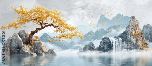 Wallpaper Mural Serene Golden Autumn Landscape: A Misty Mountain Lake with a Majestic Waterfall and a Golden Tree Torontodigital.ca