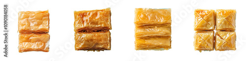 Set of Greek baklava with layers of filo, isolated on a transparent background.