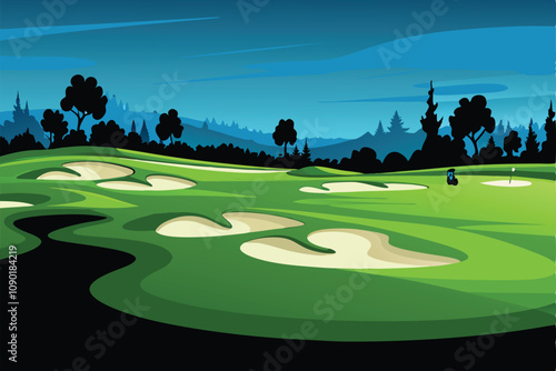 A stunning aerial view of a meticulously manicured golf course, showcasing strategically placed sand traps artistically shaped like swirling patterns.