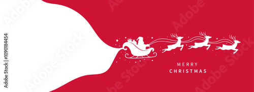 Merry christmas background. Santa Claus ride sleigh with flying reindeer. Snowflake and star decorative. Xmas banner. New year card. Vector illustration