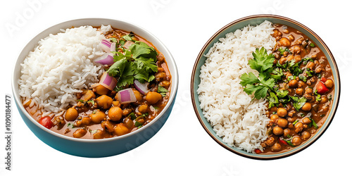 Set of Indian chole (chickpea curry) with rice, isolated on a transparent background. photo