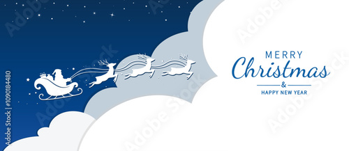 Santa Claus ride sleigh with flying reindeer on sky and clouds. Snowflake and star decorative. Merry christmas and happy new year background. Vector illustration