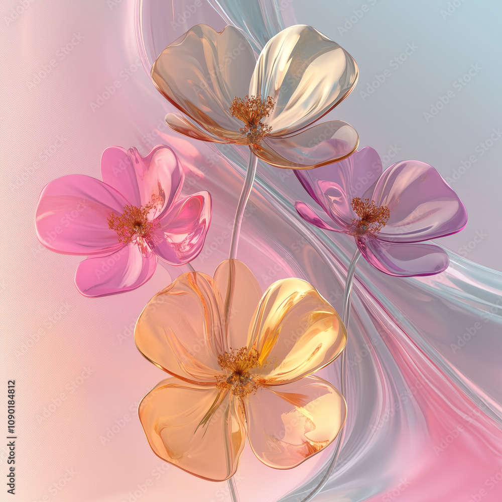 Obraz premium Blossoming Beauty in Glass: Close Up Flowers on Flowing Gradient Transparent Multilayer Background - 3D Rendering