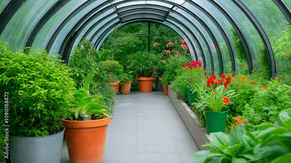 A greenhouse with a curved roof and translucent panels, filled with exotic plants A greenhouse with a curved roof and translucent panels, filled with exotic plants
