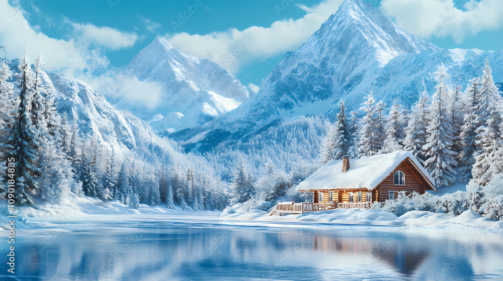 Fototapeta premium Cozy cabin surrounded by snow-covered mountains and evergreen trees by a frozen lake on a clear winter day. Snow-Covered Cabin. Illustration
