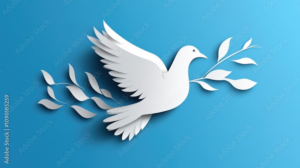 Fototapeta premium A stylized white dove in flight with leaves, symbolizing peace and harmony.
