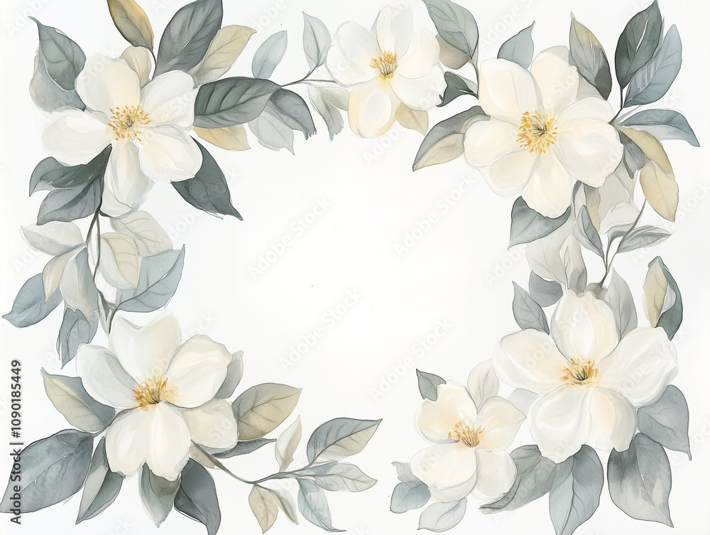 Fototapeta premium Delicate Watercolor Floral Frame with White Flowers and Gray Leaves on Pure White Background
