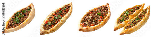 Set of Turkish pide with ground beef, isolated on a transparent background.