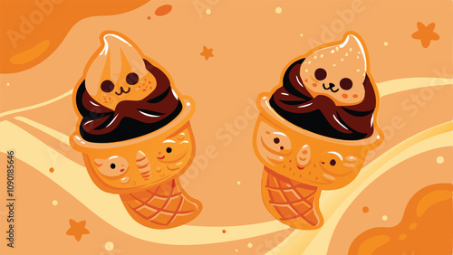 Create adorable kawaii taiyaki character illustrations filled with chocolate and custard fillings, showcasing diverse expressions and poses.