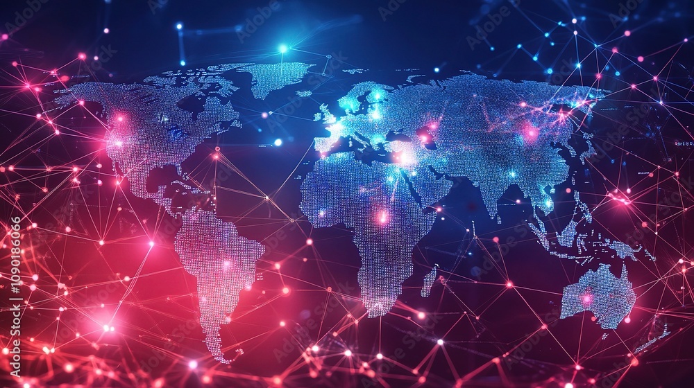 Obraz premium Futuristic Holographic World Map with Glowing Data Connections in a Tech-Driven Landscape Representing Global Networking and Digital Innovation