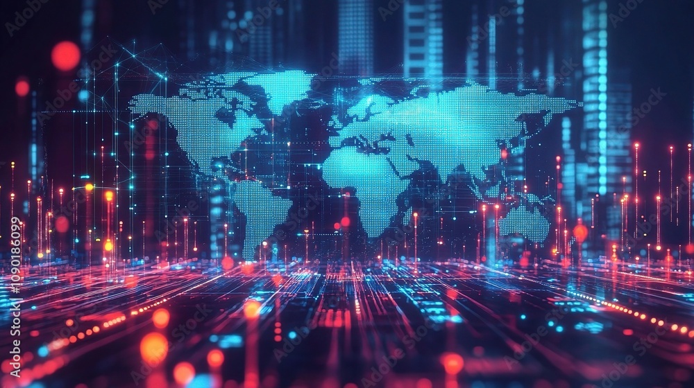 Obraz premium Futuristic Holographic World Map Displaying Glowing Data Streams in a Digital Environment for Modern Technology and Innovation Concepts