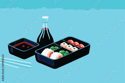 Clean minimalist photo of several bento boxes containing onigiri, showcasing simple food styling on a neutral background.