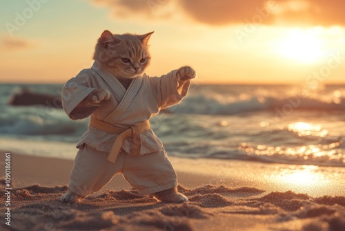 Cat in a Karate Gi at Sunset photo