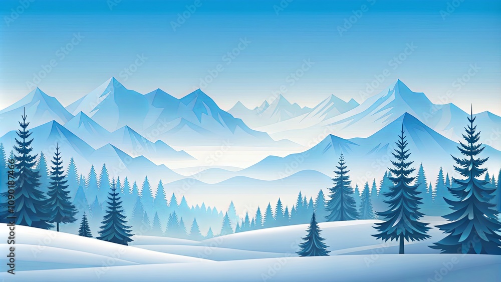 Fototapeta premium Serene Winter Landscape Snow-Covered Hills, Majestic Mountains, and Evergreen Forest Under a Clear Blue Sky
