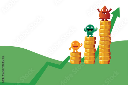 Surreal illustration monstrous creatures ascend a towering ladder crafted from gold coins, symbolizing ambition and greed.