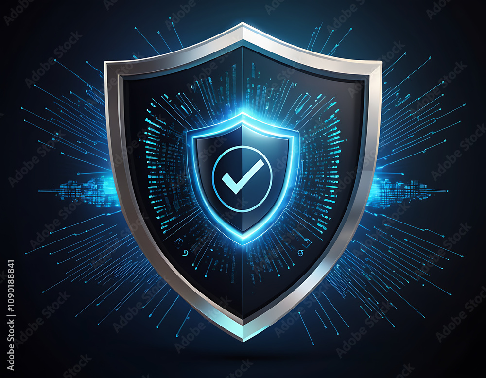 Fototapeta premium Digital shield with a checkmark in the center, cybersecurity assurance, trusted protection, and data security concept. Digital shield featuring a checkmark at the center, symbolizing cybersecurity