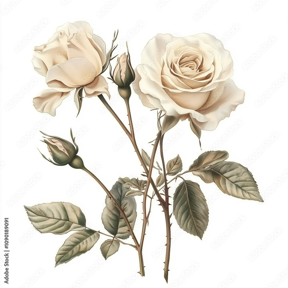 Fototapeta premium Exquisite Vintage Roses Illustration in Art Sticker Style on White Background with Beige Tones