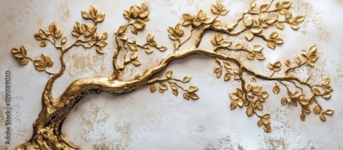 Golden Tree Branch Wall Art: Elegant 3D Relief Sculpture