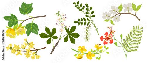 vector drawing branches of trees with green leaves and flowers isolated at white background, hand drawn illustration