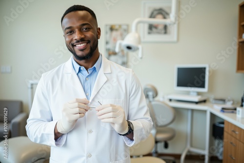 Professional Dental Hygienist in White Coat Holding Tools in Modern Dental Clinic, Perfect for Medical or Health Care Advertisements photo