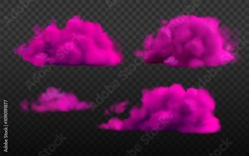 Pink neon realistic cloud set. Vector bright smoke or fog background isolated. Magic mystery mist texture overlay effect, transparent edges