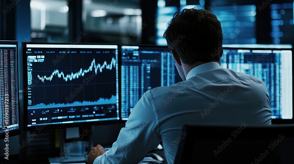 Fototapeta premium Financial Analyst Working on Stock Data in Modern Office Environment with Multiple Monitors Displaying Market Trends and Graphs