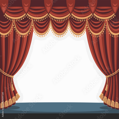 Red Stage Curtains with Gold Trim and a Blue Stage Floor