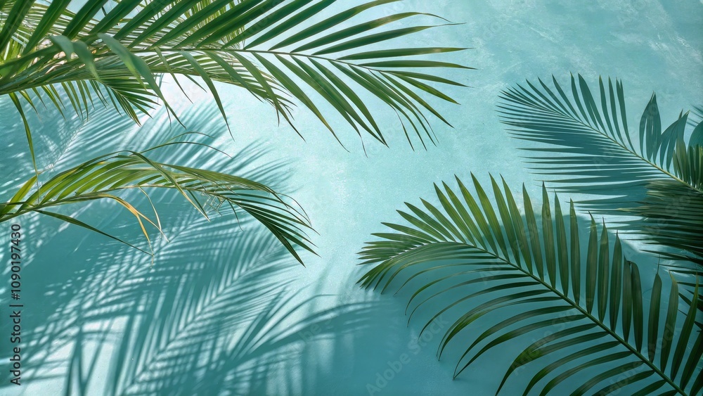 Obraz premium Tropical Palm Leaves Casting Shadows on Light Blue Background – Serene and Sunny Atmosphere for Relaxation and Wellness