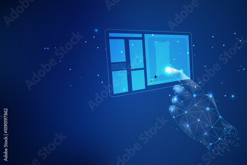 Abstract digital human hand touching on hypothetical screen for selecting search by image, SEO Search Engine Optimization concept. Search with Ai assistant, websites to rank search engines.