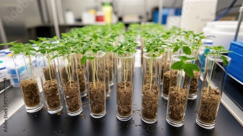 Rows of young plants in test tubes, showcasing growth in a laboratory setting. photo