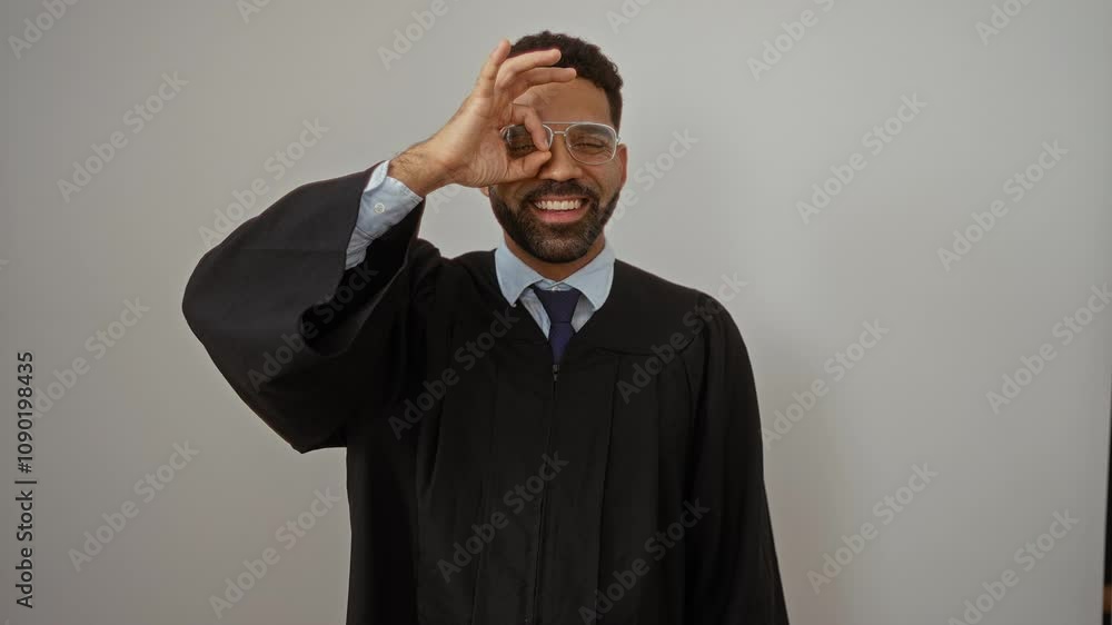 Judge in gown, young hispanic man standing, looking through ok fingers gesture, happy and smiling over isolated white background