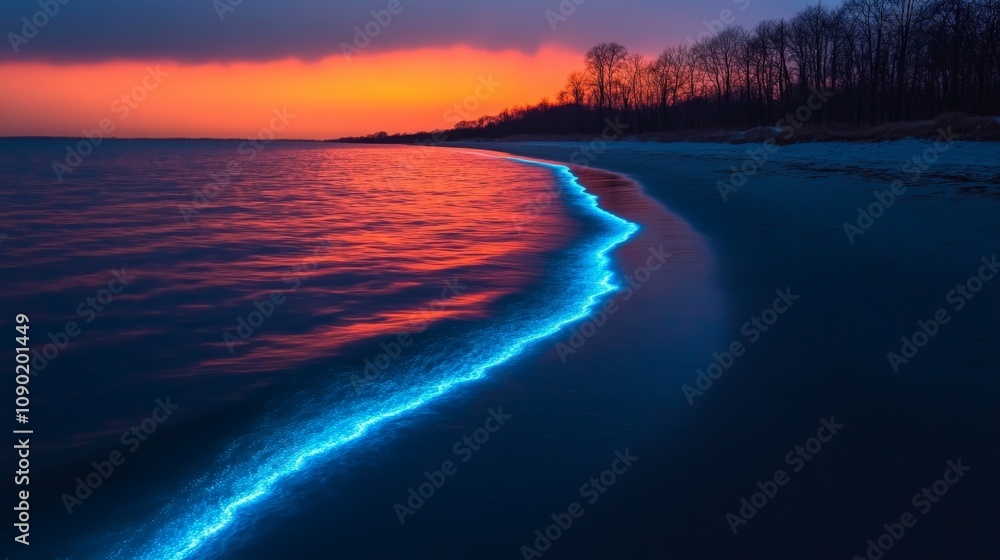 Bio-luminescent Waves at Sunset: A breathtaking view of bioluminescent waves gently lapping onto a sandy beach at sunset. The sky is ablaze with vibrant hues of orange and pink. Bio-luminescent Waves at Sunset: A breathtaking view of bioluminescent waves gently lapping onto a sandy beach at sunset. The sky is ablaze with vibrant hues of orange and pink.