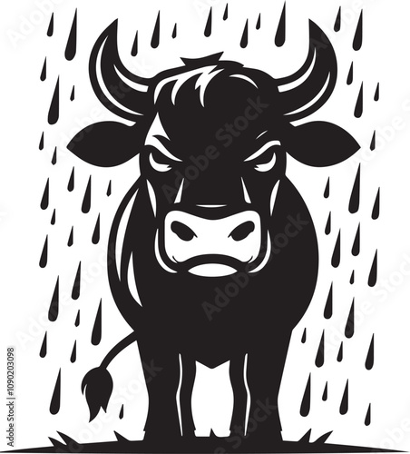 A cow silhouette standing in the rain with a grumpy expression