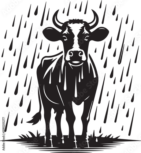 A cow silhouette standing in the rain with a grumpy expression