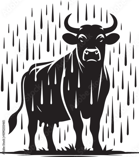 A cow silhouette standing in the rain with a grumpy expression
