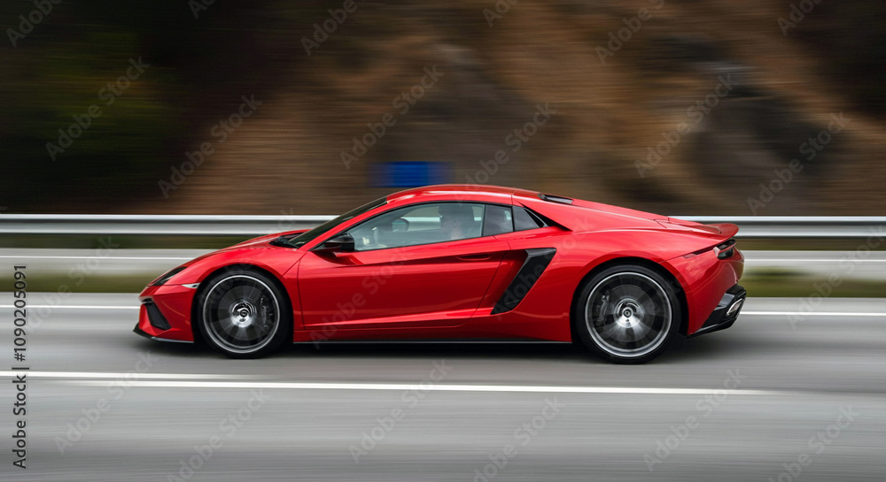 Obraz premium Red Sports Car in Motion on the Highway